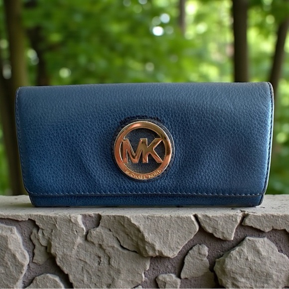 Michael Kors Navy Blue Leather Wallet with Gold Logo- Used with light wear. - Picture 1 of 6